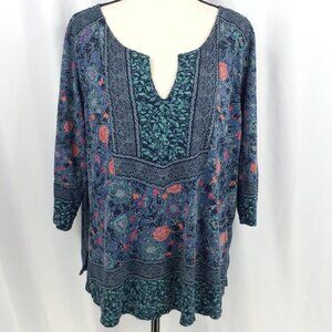 Lucky Brand Top Womens Plus Size 2X Floral 3/4 Sleeve Notch Neck Navy Blue